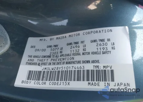 2001 Mazda Mpv Dx/Es/Lx z USA, uszkodzony, nr VIN JM3LW28Y510174463